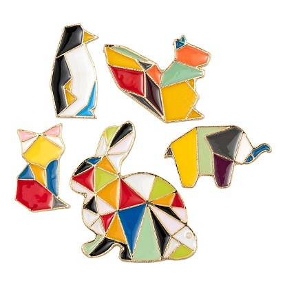 5Pcs 5 Style Origami Animal Enamel Pin, Alloy Enamel Brooch for Backpack Clothing, Cat & Penguin & Rabbit & Squirrel & Elephant, Light Gold
