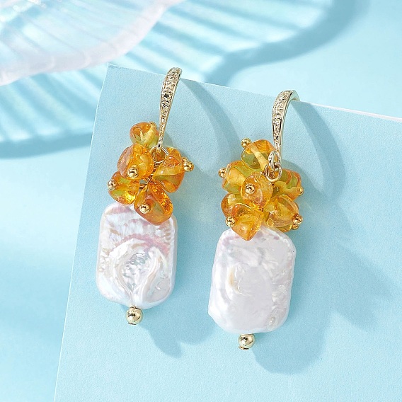 Висячие серьги из натурального янтаря, с бусинами из натурального жемчуга кеши, гальванизированными немагнитными бусинами из синтетического гематита и латунными крючками для сережек., самородки