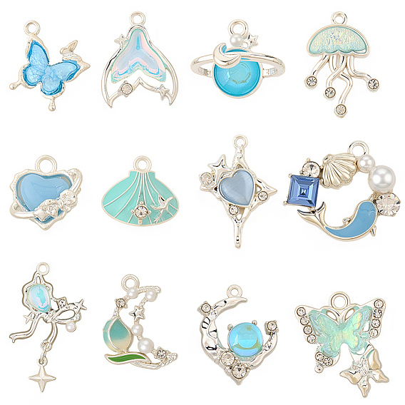 24шт. подвески из сплава со стразами и эмалью, с искусственным жемчугом из АБС и смолой, серебряные, очарование морских животных