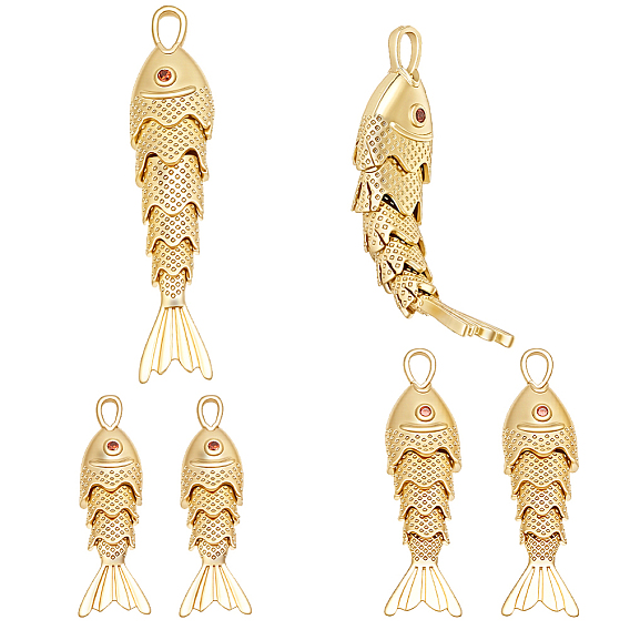 6Pcs 3 Styles Brass Micro Pave Cubic Zirconia Pendants, Fish Charms, Rack Plating, Long-Lasting Plated, Lead Free & Cadmium Free