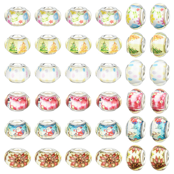 60 шт 6 цвета смолы европейские бусины, Новогодняя тема, рондель с цветком, Санта-Клаусом, деревом, пятном, снеговиком и звездой