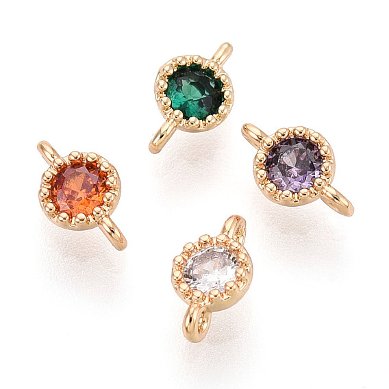 Шармы-соединители из латуни с паве из кубического циркония, плоские круглые ссылки, реальный 18 k позолоченный