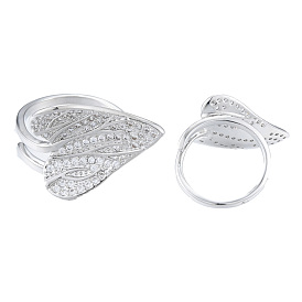 Clear Cubic Zirconia Heart Leaf Open Cuff Ring, Brass Jewelry for Women, Nickel Free