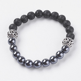 Natural Lava Rock Beads Stretch Bracelets, with Synthetic Hematite and Alloy Finding, Antique Silver