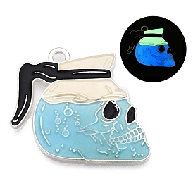 Luminous Alloy Enamel Pendants, Platinum, Glow in the Dark, Skull Drink Charm