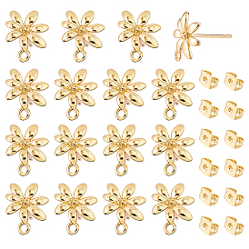 16pcs boucles d'oreilles à tige en laiton, plaqué longue durée, sans nickel, fleur, avec écrou d'oreille 16pcs, avec boucle