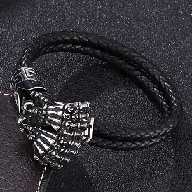 Genuine Leather Wrap Wide Cord Bracelet with Stainless Steel Toggle Clasps, Hand, Reto Cuff Wristband Arm Guard for Men Women