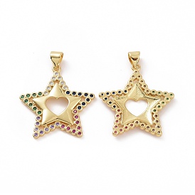 Brass Micro Pave Clear Cubic Zirconia Pendants, Star with Heart