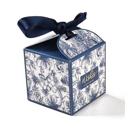 Wedding Theme Folding Gift Boxes, Square with Flower & Word Wishes A GIFT FOR YOU and Ribbon, for Candies Cookies Packaging