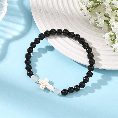 Bracelets extensibles en turquoise synthétique teintée, perles rondes en onyx noir naturel (teint et chauffé) et pierre de lune blanche