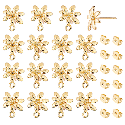 16pcs boucles d'oreilles à tige en laiton, plaqué longue durée, sans nickel, fleur, avec écrou d'oreille 16pcs, avec boucle