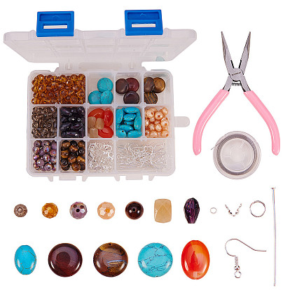 DIY Jewelry Set, with Natural/Synthetic Gemstone Beads, Glass Beads, Iron Bead Tips Knot Covers, Brass Crimp Beads and Carbon Steel Jewelry Pliers