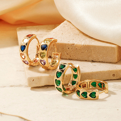 Романтические серьги-кольца из латуни в форме сердца со стразами, с нежным дизайном и сверкающими драгоценными камнями, золотые