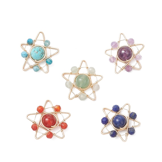 5 шт. 5 стили подвески из медной проволоки с синтетической бирюзой, натуральным аметистом, сердоликом, окрашенным лазуритом, зеленым авантюрином и апатитом, звезды прелести, граненые, разноцветные