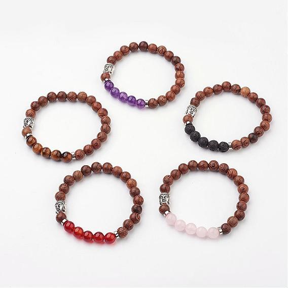 Holz Perlen Stretch-Armbänder, mit natürlichen Edelstein Perlen, Messing-Spacer-Perlen und Legierung Buddha Kopf Perle