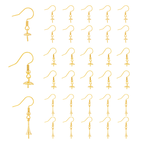 30Pcs 3 Style Rack Plating Brass Earring Hooks, for Half Drilled Beads, Long-Lasting Plated, Lead Free & Cadmium Free