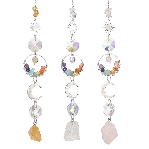 Натуральные самородки драгоценных камней и стеклянные подвесные ловцы солнца, с натуральными драгоценными камнями и 304 звеном из нержавеющей стали в форме солнца и луны