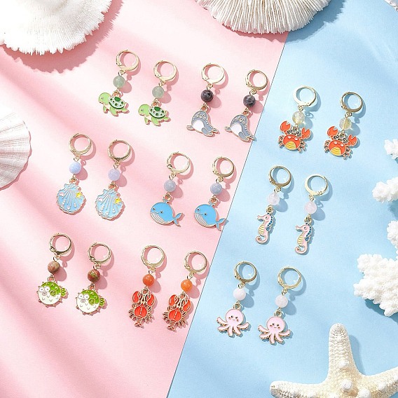 9 пары 9 стили серьги-кольца из сплава с эмалью, с 304 нержавеющей стали, черепаха, рыба и морской конек, золотые
