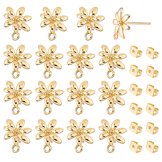 16Pcs Brass Stud Earrings Findings, Long-Lasting Plated, Nickel Free, Flower, with 16Pcs Ear Nut, with Loop