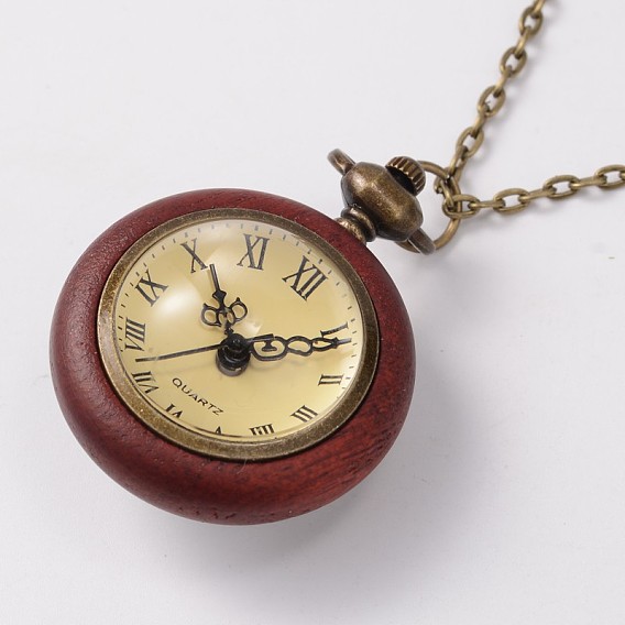 Long Brass Cable Chains Flat Round Rosewood Pocket Quartz Watches Necklaces, with Lobster Claw Clasps, 30 inch