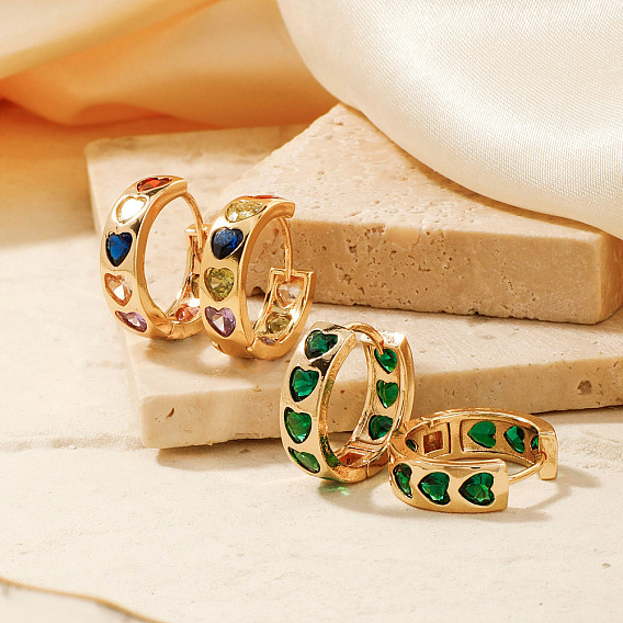 Романтические серьги-кольца из латуни в форме сердца со стразами, с нежным дизайном и сверкающими драгоценными камнями, золотые