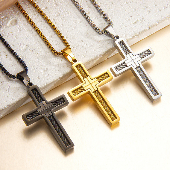 Religion 304 Stainless Steel Pendant Necklaces for Men, Cross