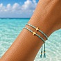 Brass Religion Cross Beads Braided Cotton Cord Bracelet Sets for Women Men, Adjustable Stackable Bracelets, Golden