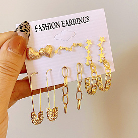 Chic Metal Chain Earrings Set with 6 Pins for Women - Cool and Edgy Style