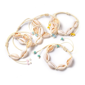 Bracelets de perles tressées réglables, avec des perles de coquillage cauris naturelles, perles de verre rondelle et cordon polyester ciré