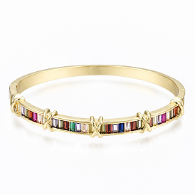 Brass Micro Pave Cubic Zirconia Bangles, Nickel Free, Rectangle, Colorful