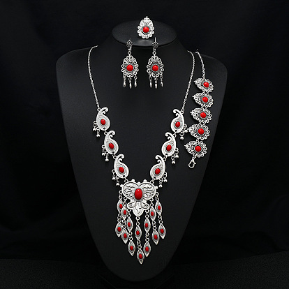 Ожерелье из сплава со смолой, подвеска, серьга-гвоздик, браслет и кольцо, античное серебро