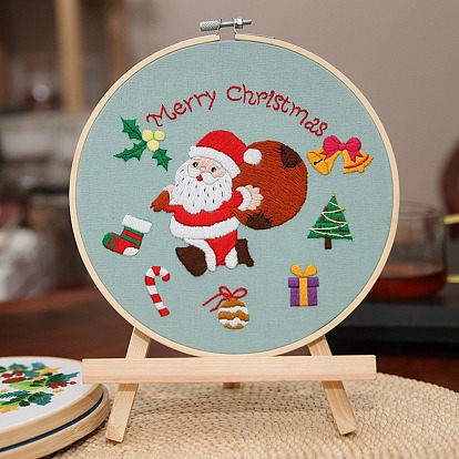 Kits de bordado de tema navideño diy, incluyendo tela de algodón impresa, hilo y agujas para bordar, aro de bordado de plástico
