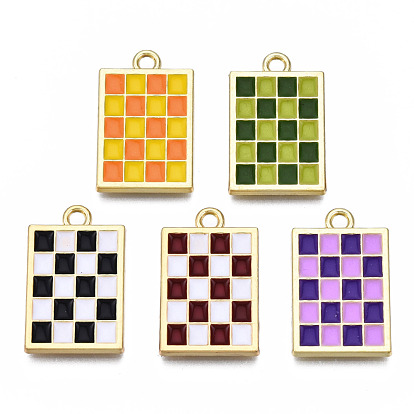 Pendentifs en damier en alliage de placage de crémaillère, avec l'émail, sans cadmium et sans plomb, or et de lumière, rectangle avec motif de grille