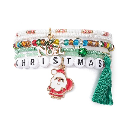 4Pcs 4 Style Word Christmas Plastic & Glass Beaded Stretch Bracelets Set, Santa Claus & Word Noel Alloy Enamel & Tassel Charms Stackable Bracelets for Women