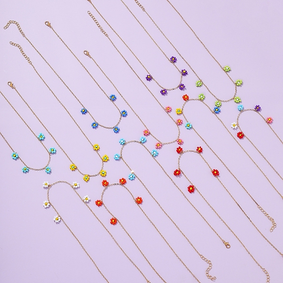 Стеклянные бусины цветок нагрудник подвеска ожерелья, ожерелья-цепочки из сплава, золотые