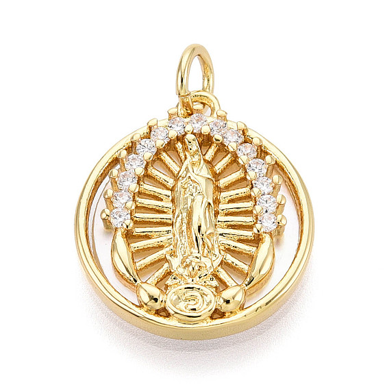 Латунные микропаве прозрачные подвески с фианитом, без кадмия и без свинца, с оболочкой, плоский круглый с Иисусом Марией католический, с целью перехода в кольце