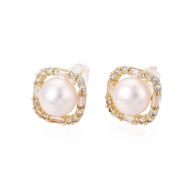 Square Brass Micro Pave Clear Cubic Zirconia Stud Earrings, with Natural Pearl