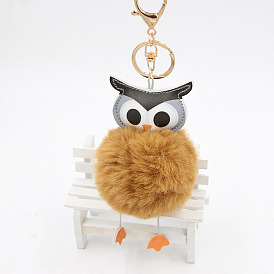 Golden Owl Feather Keychain with Cute Faux Fur Otter Rabbit Bag Charm for Women's Car Accessories