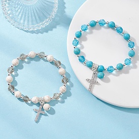 2Pcs Cross Alloy Rhinestone Charm Bracelets, Round Synthetic Dyed Turquoise & Glass Beads Stretch Bracelets for Women