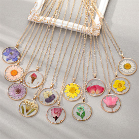 Boho Style Multi-color Dried Flower with Epoxy Resin Pendant Necklaces, Sweater Cable Chain Necklaces for Women