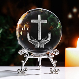 Inner Carving Cross & Hand Glass Crystal Ball Diaplay Decoration, with Alloy Pedestal, Fengshui Home Decor