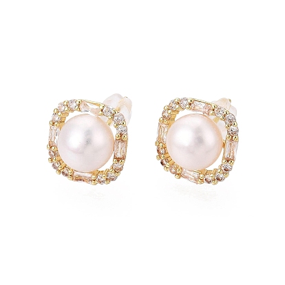 Square Brass Micro Pave Clear Cubic Zirconia Stud Earrings, with Natural Pearl