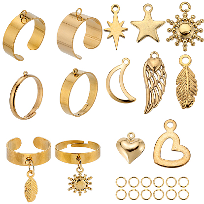 Набор для самостоятельного изготовления кольца-манжеты, включая 304 основания для колец-петлей из нержавеющей стали, переходные кольца и подвески, солнце, звезда, луна, крыло и лист