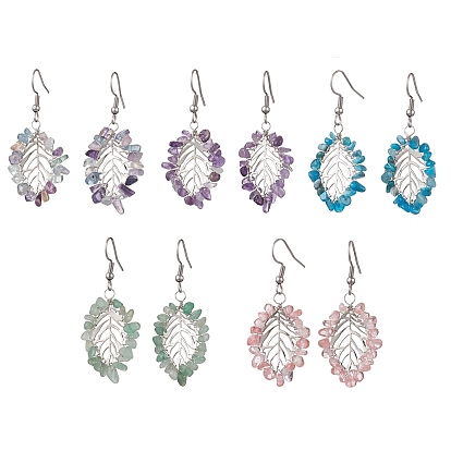 Natural & Synthetic Mixed Gemstone Chips Dangle Earrings, 304 Stainless Steel Leaf Drop Earrings
