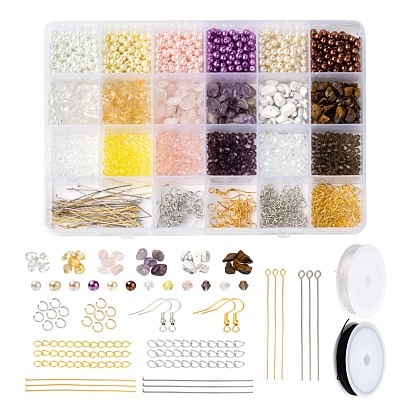 Kit de fabrication de boucles d'oreilles en perles de bricolage, y compris les perles de verre et de perles de verre, perles de pierre gemme, 304 anneaux et goupille en acier inoxydable, crochets de boucle d'oreille en fer et chaîne d'extrémité, fil élastique