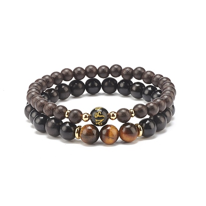 Wood & Tiger Eye Beaded Stretch Bracelet Sets, Om Mani Padme Hum Obsidian Stackable Bracelets for Women or Men