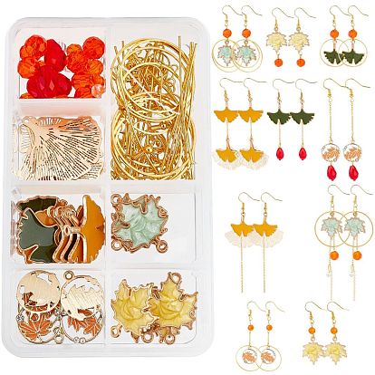 DIY Autumn Theme Earrings Making Kits, Including Alloy Leaf Pendants, Glass Beads, Brass Earring Hooks & Cable Chains & Linking Rings