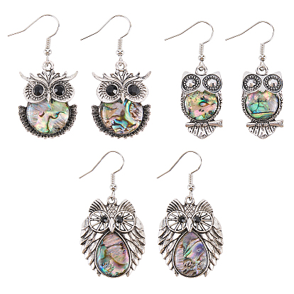 3 Pairs 3 Styles Alloy Dangle Earrings, with Shell, Antique Silver