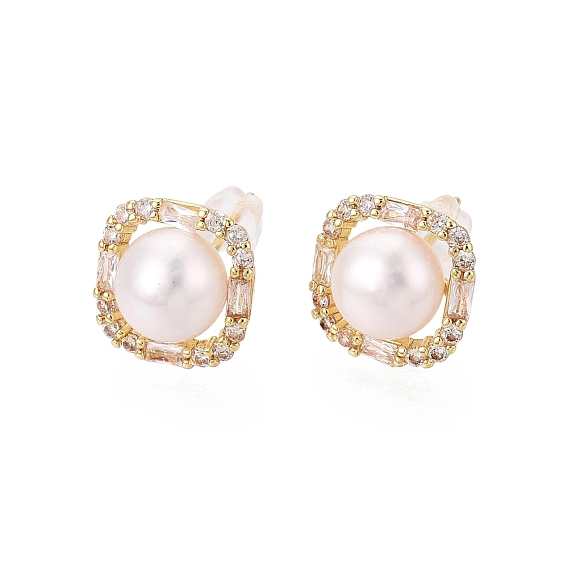 Square Brass Micro Pave Clear Cubic Zirconia Stud Earrings, with Natural Pearl