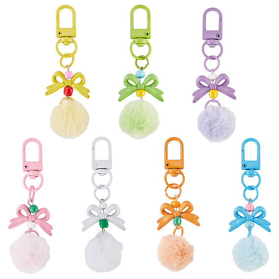 7шт. 7 цвета, подвески-помпоны из искусственной кожи, с поворотными застежками сплава, бантом